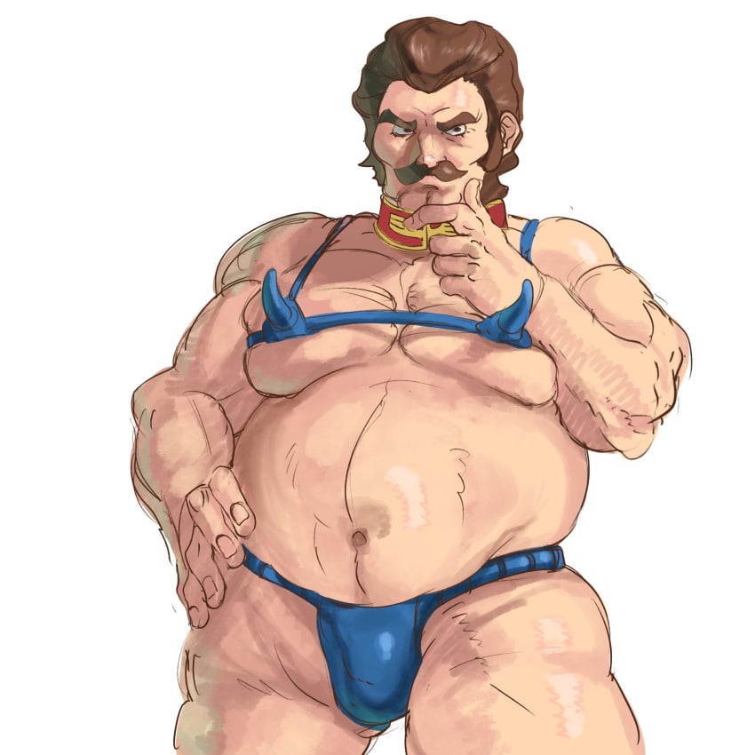 1boy abs bara bara_tiddies bara_tits beard bikini bikini_bottom bikini_top blue_bikini brown_hair bulge facial_hair fat fat_male fat_man glico glico_(artist) gundam male male_focus male_only mobile_suit_gundam musclegut older_male older_man pecs ramba_ral romantic_hatoba smirking solo solo_focus solo_male strong_fat