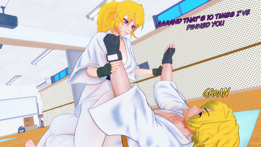 1boy 1girls 3d blonde_female blonde_hair blue_eyes cleavage female_on_top grabbing_arms indrick_[artist] jaune_arc martial_arts_uniform ponytail purple_eyes rwby yang_xiao_long