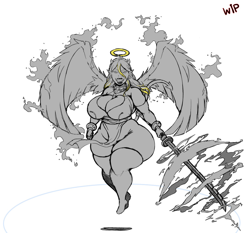 big_ass big_breasts big_breasts demon demon_tail demonroyal earrings energy female female_focus female_only flames floating goddess hair_highlights halo horns huge_ass hybrid jewelry katana lipstick penis_necklace pointy_ears porscha revealing_clothes smiling stockings wide_hips wings wip