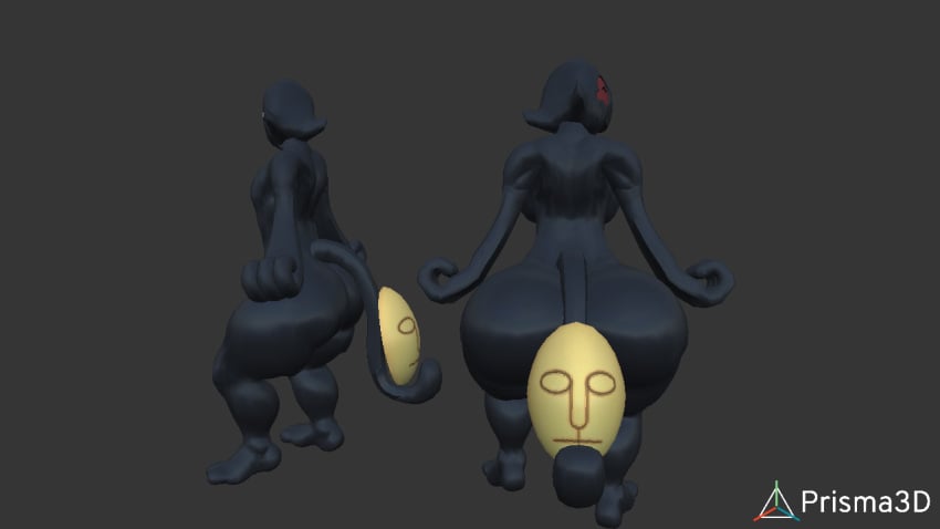 1boy 1girls 3d back_view backboob big_ass big_breasts black_body featureless_breasts featureless_crotch generation_5_pokemon mask nintendo pokemon pokemon_(species) prisma3d ryanprisma3d tail yamask