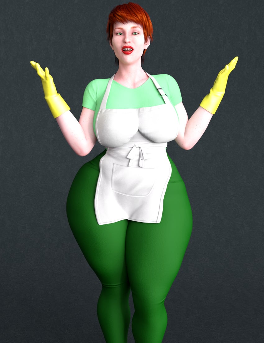 3d 3d_(artwork) apron cleaning clothed dexter's_laboratory dexter's_mom freckled_skin freckles freckles_on_face green_clothing green_eyes happy leggings milf mother onlythicks posing red_hair red_lipstick short_hair thick thick_ass thick_hips thick_thighs thighs