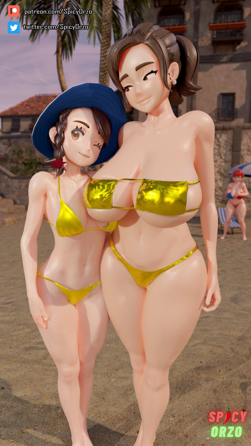 3d 3girls background_character bare_shoulders big_breasts big_thighs bikini breasts busty female female_only gold_bikini huge_breasts huge_thighs juliana_(pokemon) large_breasts large_thighs mature_female milf misterorzo mother_(pokemon_sv) mother_and_daughter mother_daughter_boob_envy_(meme) navel nintendo penny_(pokemon) pokemon pokemon_sv swimsuit thick_thighs thighs voluptuous