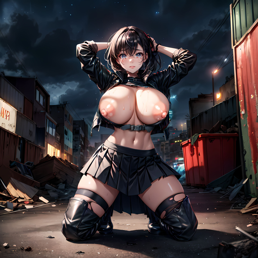 ai_generated big_areola big_breasts big_nipples black_hair blue_eyes crying depressed kneeling leather_boots leather_jacket looking_at_viewer miniskirt night post_apocalyptic ruined_city sad short_hair slim_waist solo_female stars tears thick_thighs torn_clothes