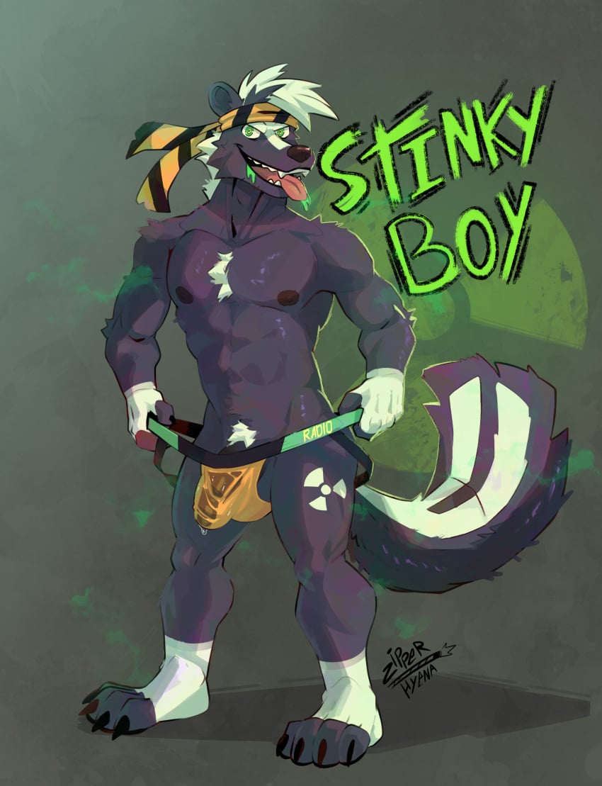 absurd_res anthro bandana black_body black_fur bodily_fluids chest_tuft clothing colored_saliva convention_mascot fangs feet fur genitals glowing glowing_eyes glowing_saliva green_eyes green_saliva hazard_symbol hi_res jockstrap kerchief male mammal mascot mephitid musk musk_clouds penis radiation_symbol radio_skunk radioactive saliva skinny skunk smelly smelly_feet solo symbol tape teeth tuft underwear unusual_bodily_fluids unusual_saliva warning_yiff white_body white_fur yellow_tape zipperhyena