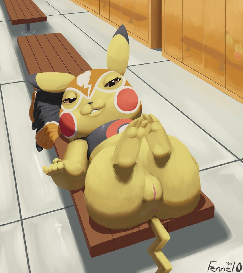 2024 absurd_res anus beckoning bedroom_eyes bottomless bottomless_female brown_eyes clitoris clothed clothing cosplay_pikachu cosplay_pikachu_(costume) digital_media_(artwork) digital_painting_(artwork) female fennelseed feral fur generation_1_pokemon genitals gesture hi_res inside legs_up locker locker_bench locker_room looking_at_viewer lying mask narrowed_eyes nintendo on_back pikachu pikachu_libre pokemon pokemon_(species) pussy seductive smile solo sports_mask sportswear wrestling_mask yellow_body yellow_fur