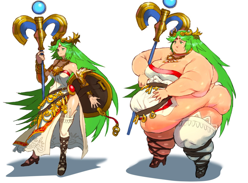 1girls alternate_body_type belly breasts fapolantern fat_rolls female green_hair huge_belly kid_icarus_uprising morbidly_obese morbidly_obese_female obese obese_female palutena ssbbw thick_thighs thighs