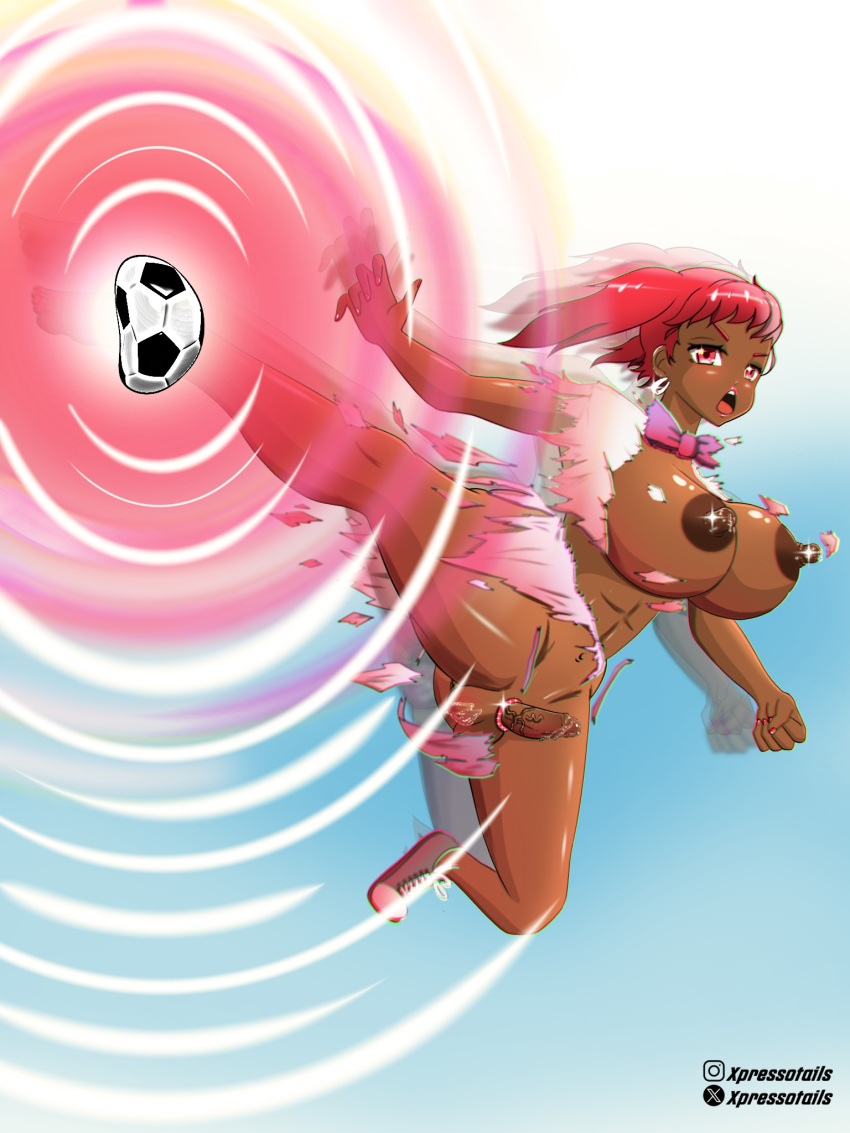 1futa 2024 areolae balls big_breasts big_butt bottomless breasts clothed clothing cock_ring dark-skinned_futanari dark_skin dickgirl erection futa_only futanari huge_breasts human kicking mostly_nude nipples penis red_hair self_upload soccer solo thick_thighs torn_clothes xpressotails