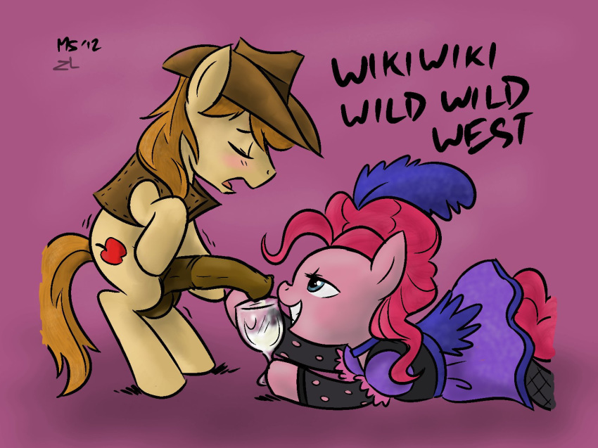 1boy 1girls 2012 balls braeburn_(mlp) cum duo ejaculation english_text equine female feral feral_on_feral friendship_is_magic hair horse horsecock male megasweet my_little_pony open_mouth penis pinkie_pie_(mlp) pony simple_background smile text tongue zekromlover