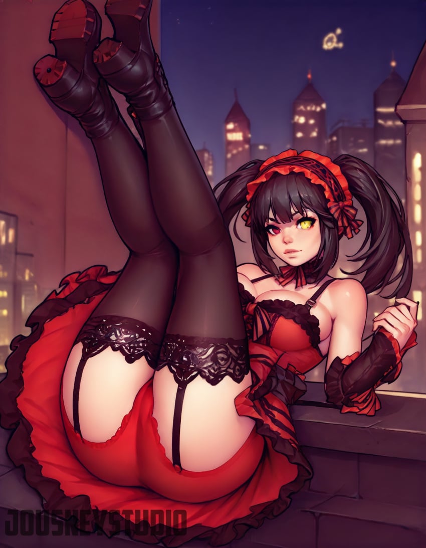 ai_generated artist_name ass bangs bare_shoulders black_hair black_legwear black_thighhighs boots breasts choker cleavage clothing date_a_live dress female female_only footwear garter_straps gloves hair_ornament hairband heterochromia high_heels jousneystudio lace-trimmed_legwear lace_trim large_breasts legs_up legwear lingerie lolita_fashion lolita_hairband long_hair looking_at_viewer night pantsu platform_footwear red_dress red_eyes red_panties ribbon shoes smile solo stockings symbol-shaped_pupils thighhighs thighs tied_hair tokisaki_kurumi twintails underwear yellow_eyes