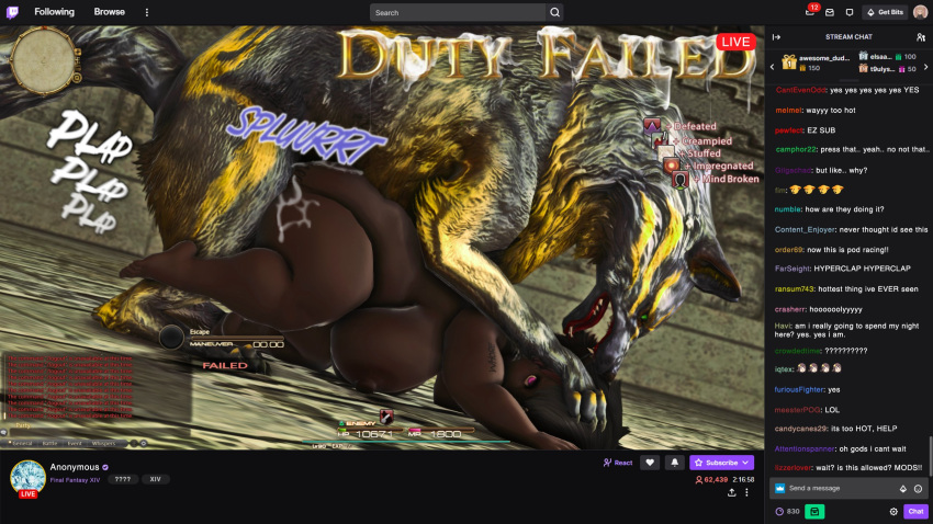 3d bad_end bestiality black_hair dark_skin dog final_fantasy final_fantasy_xiv game_ui gameplay_mechanics huge_ass huge_breasts impregnation lalafell livestream mind_break public questionable_consent shortstack square_enix twitch twitch_chat yuyushu_yushu zoophilia