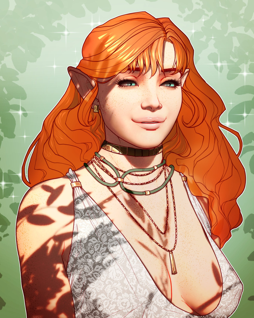 1girls bust_portrait choker cleavage dress earrings elf_ears female freckles full_cleavage galaad1800 green_eyes jewelry lace large_breasts light-skinned_female long_hair orange_hair pointy_ears saga_(rosysorceress) solo solo_female