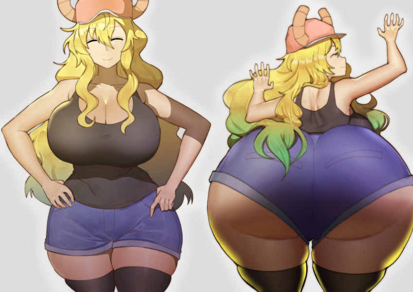 1girls ass big_ass blonde_hair breasts clothed dat_ass doublehero dragon_girl dragon_horns female front_and_back hay horns huge_ass huge_breasts light-skinned_female light_skin long_hair lucoa lucoa_(maidragon) miss_kobayashi's_dragon_maid quetzalcoatl_(dragon_maid)