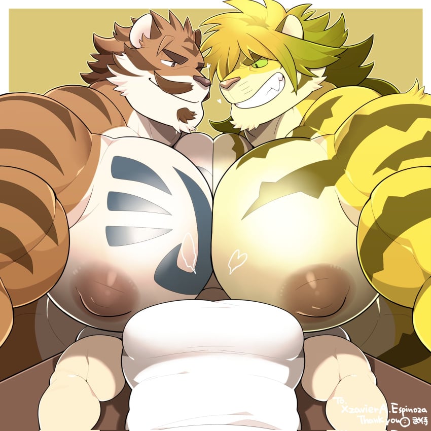 3boys animal_humanoid anthro bara bara_tiddies bara_tits big_chest big_pecs breast_smother edgar_(anothereidos_r) furry gay gigantic_chest gigantic_pecs huge_breasts huge_chest huge_pecs human humanoid large_pectorals macan_(tokyo_afterschool_summoners) male/male/male man_boobs man_breasts massive_chest massive_pecs moobs pressing_breasts_together pressing_pecs_together takezamurai