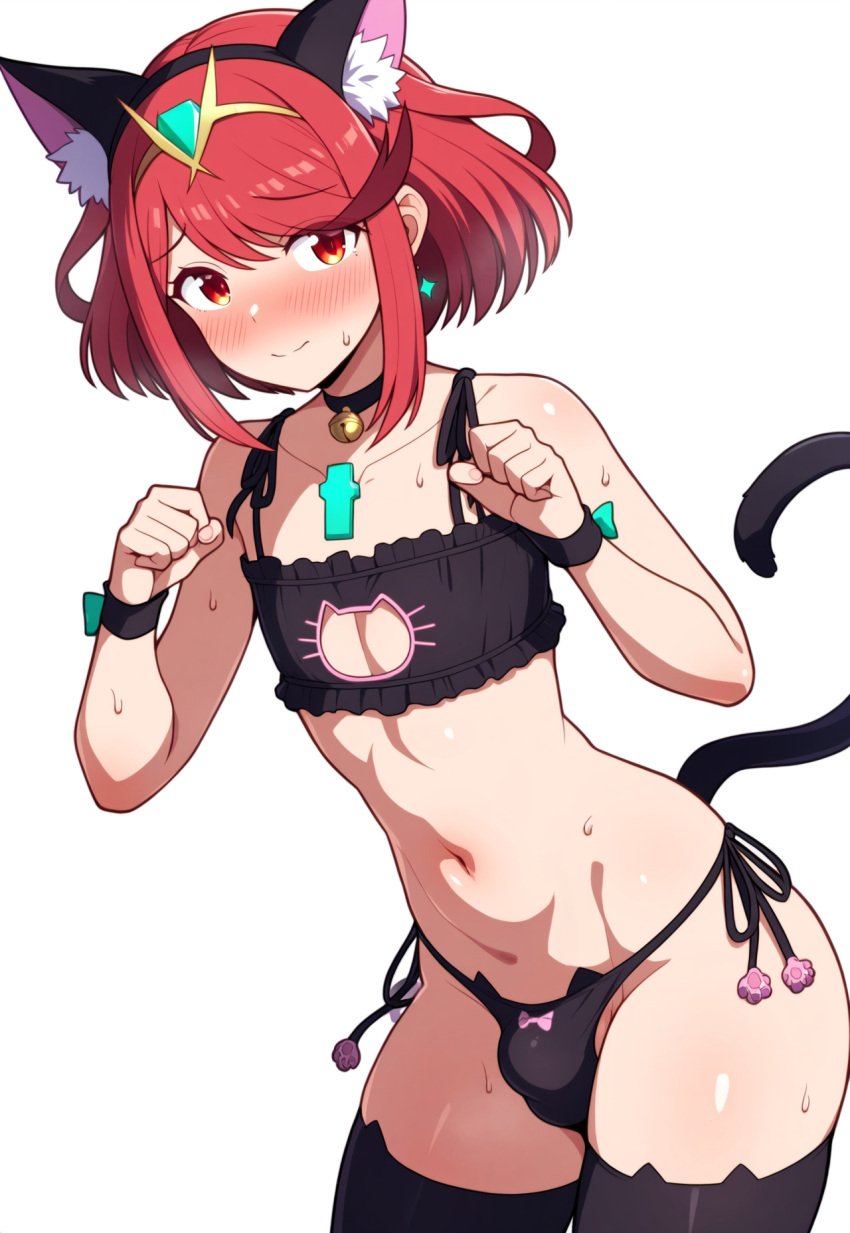 1boy ai_generated bell better_than_girls bulge cat_cutout cat_ears_hairband cat_lingerie cat_panties choker femboy genderswap_(ftm) otoko_no_ko panties puffy_chest pyra pyra_(xenoblade) robofun sissy thighhighs trap xenoblade_chronicles_2