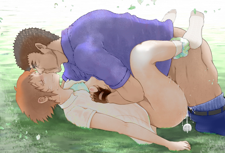 1boy ball blue_male_underwear clothes_pull female golf_ball grabbing grabbing_another's_breast igarashi_kazuyoshi kissing male_underwear mayo_(marlboroo) on_grass ooi!_tonbo ooi_tonbo outdoors panties pants pants_pull panty_pull sex shirt size_difference socks underwear white_shirt white_socks