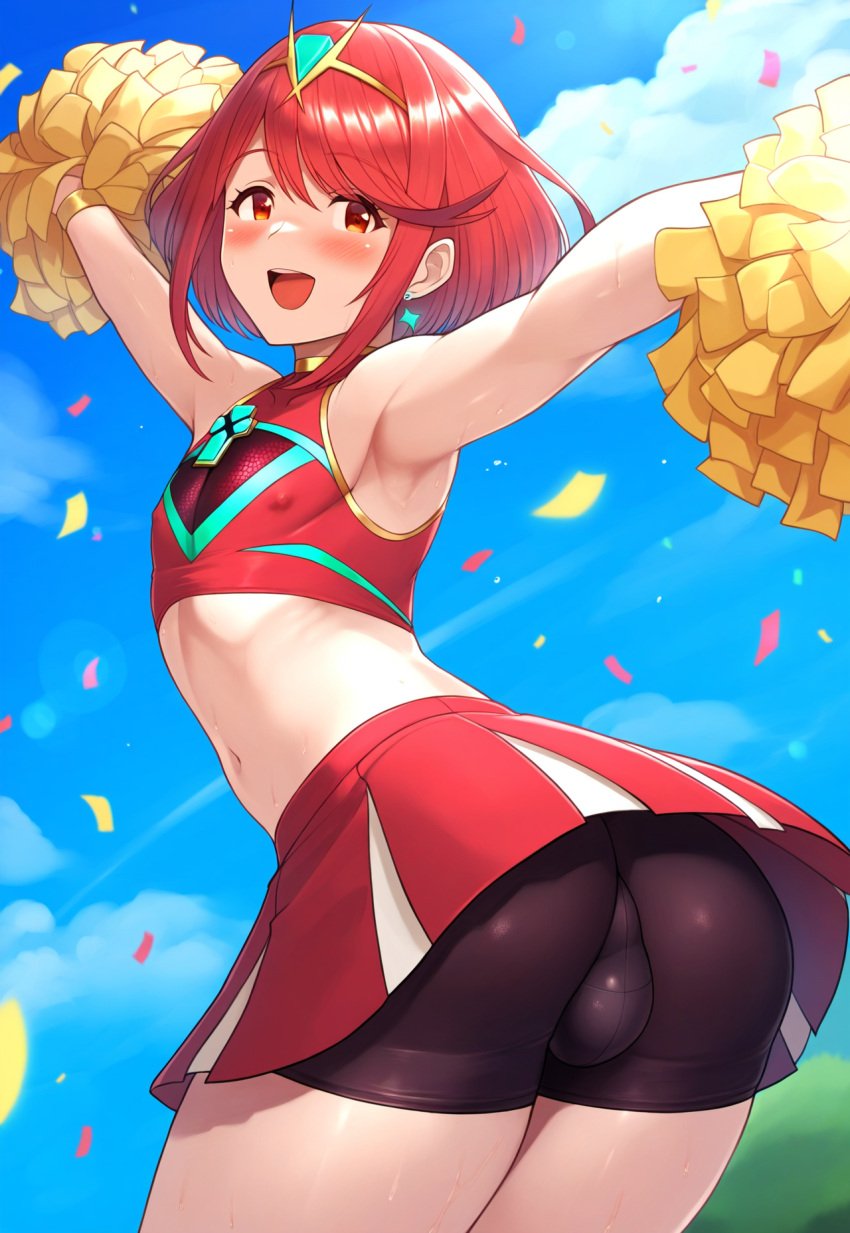 1boy ai_generated androgynous ass bike_shorts bulge cheering cheerleader chest_jewel core_crystal_(xenoblade) crop_top femboy genderswap_(ftm) nsfw otoko_no_ko outdoors perineum pleated_skirt pyra pyra_(xenoblade) robofun shorts_under_skirt sissy trap xenoblade_chronicles_2