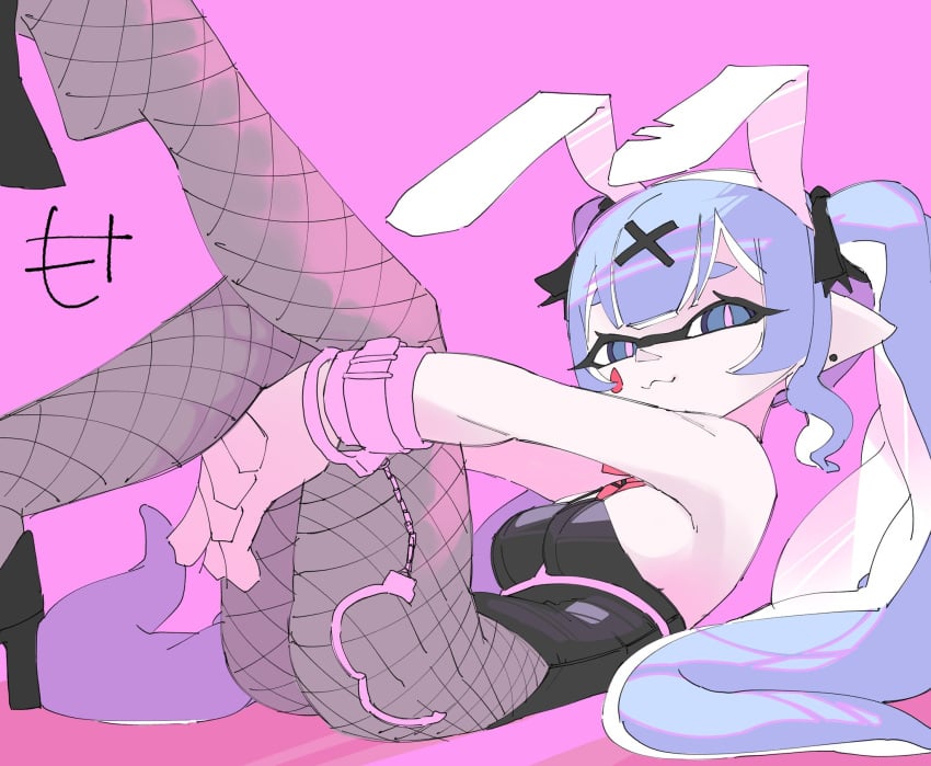 1girls :3 alternate_species bare_shoulders blue_eyes blue_hair bondage_gear bunny_ears bunnysuit ear_piercing female fishnet_legwear fishnets hair_ribbon handcuffs hatsune_miku high_heels inkling leotard looking_at_viewer mocamocaink on_back pantyhose pink_background pink_handcuffs rabbit_ears rabbit_hole_(vocaloid) simple_background splatoon twintails vocaloid