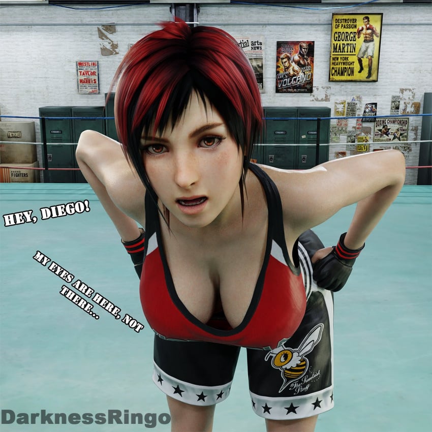 3d athletic athletic_female bending_forward bending_over bent_over big_breasts black_hair breasts brown_eyes busty cleavage crop_top darknessringo dead_or_alive dialogue down_blouse female female_focus female_only hourglass_figure large_breasts mila_(doa) red_hair short_hair shorts sports_bra sportswear tagme text tomboy two_tone_hair wide_hips