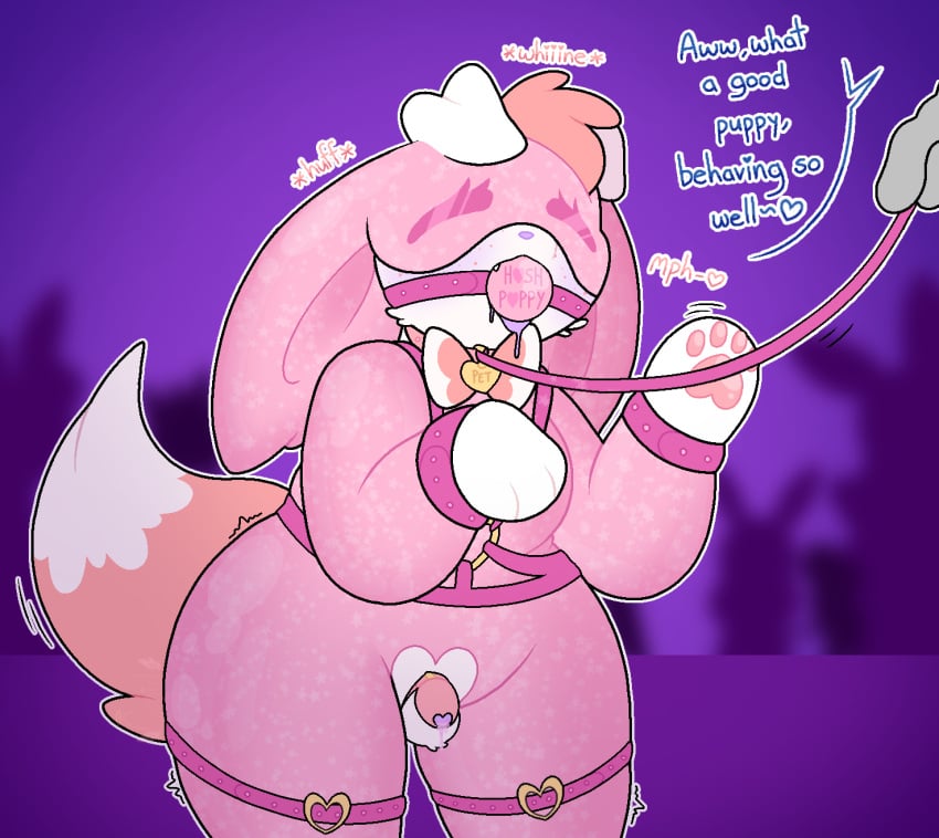 anthro anthro_only audience ball_gag balls belt blush bodily_fluids bondage bound bow_(anatomy) chastity_cage chastity_device collar collar_tag cuff_(restraint) disembodied_hand drooling ears_down eeveelution fluffy fluffy_(luvbunny) fluffy_tail freckles fur furry_balls gag generation_6_pokemon genitals gimp_suit group harness hi_res leash leash_pull leashed_collar leather leather_cuffs luvbunny male male_only mask mask_on_head muffled_speech nintendo paw_mitts petplay pink_body pink_fur pivoted_ears pokemon pokemon_(species) praise purple_background purple_nose restraints roleplay saliva shaking_legs simple_background speech_bubble sylveon tail tail_motion tailwag whining