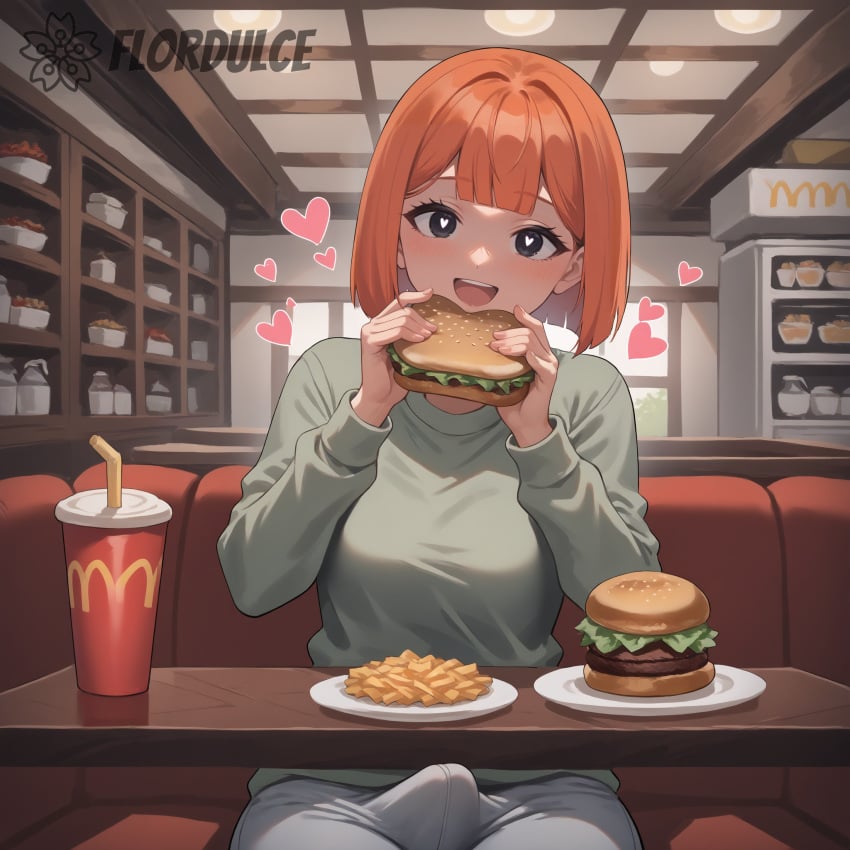 1futa ai_generated black_eyes blunt_bangs breasts burger covered_penis eating erect_penis erection erection_under_clothes erection_under_clothing flordulce food french_fries fries futa_only futanari green_shirt grey_pants hamburger happy heart indoors long_sleeves mcdonald's milf mom_(japanese_mcdonald's_commercial) open_mouth orange_hair penis restaurant short_hair sitting smile soda solo_futa yoru_mac