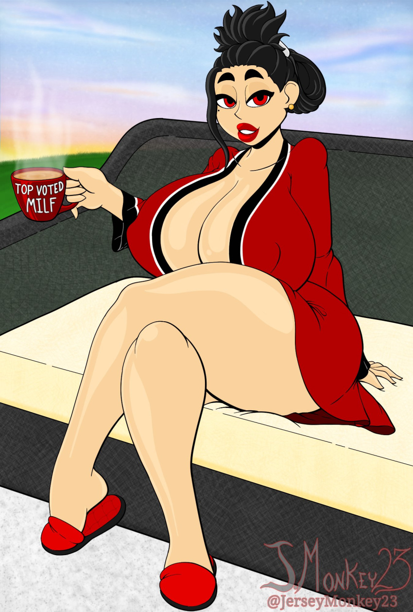 anna_(j.monkey23) big_penis black_hair breasts cleavage coffee coffee_mug hair_up huge_breasts human j.monkey23 lips lipstick milf morning nipple_bulge no_panties outside red_eyes red_lipstick robe slippers thick_thighs