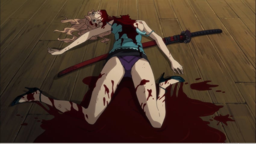 1girls amputation beige_skin bleeding blonde_hair blood-c blood_puddle blood_stain bloody_clothes breasts clothes color death decapitation female female_death female_focus female_only gore guro hair head human indoors injury kanako_tsutsutori nipples on_back panties puddle screenshot severed_head skin skirt solo stained_clothes sword underwear weapon wound