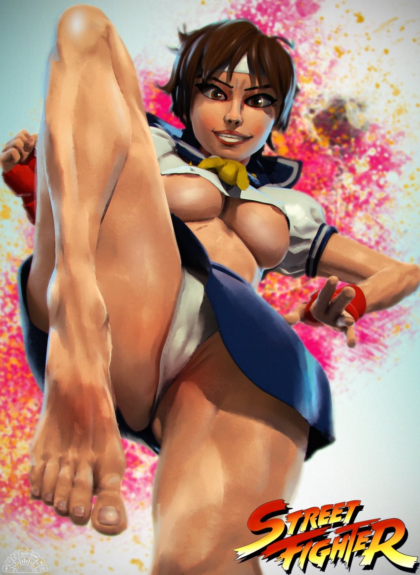 ass ass_visible_through_thighs barefoot bikini bikini_bottom breasts_out brown_eyes brown_hair capcom feet foot_focus footwear japanese japanese_clothing no_shoes no_socks pussy_visible_through_clothes pussy_visible_through_panties sakura_kasugano school_uniform short_dress short_hair short_skirt street_fighter street_fighter_6 street_fighter_alpha street_fighter_v sunriser tight_clothes tight_clothing tits_out toenails toes underwear visible_nipples visible_pussy visible_underwear