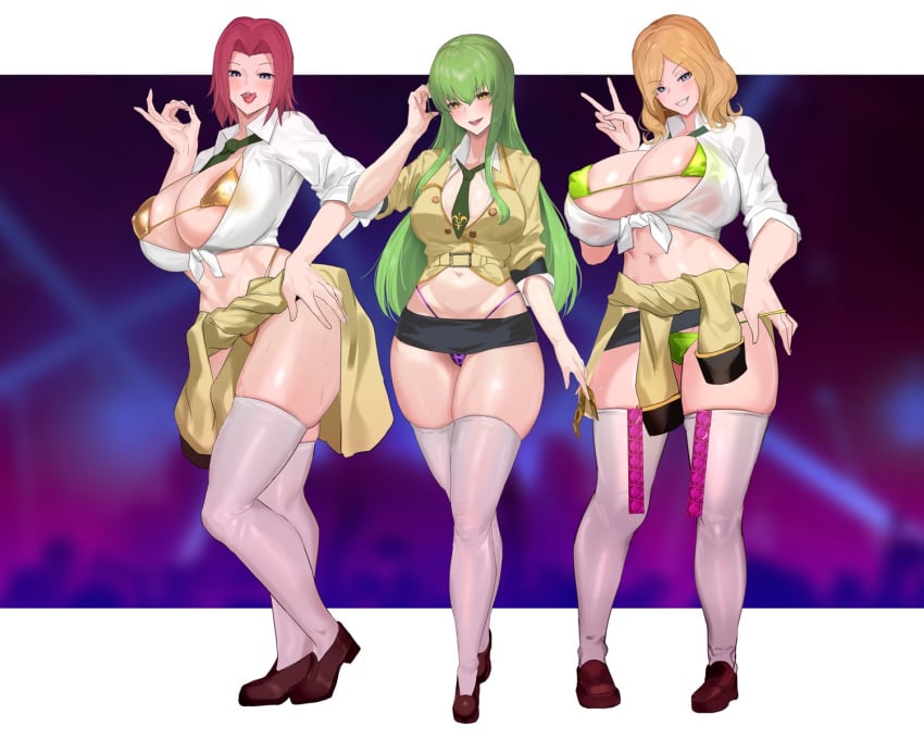 3girls alternate_breast_size american_school bare_midriff big_breasts black_skirt blonde_hair c.c. cleavage clubbing code_geass condom_packet_strip fellatio_gesture female female_only gold_bikini gold_bikini_top green_bikini_top green_hair gyaru human jacket_around_waist kallen_stadtfeld large_breasts micro_bikini_top microskirt midriff milly_ashford miniskirt multiple_girls purple_panties red_hair revealing_clothes sakanaaj1 school_shoes school_uniform short_hair skimpy_clothes skirt slutty_outfit smile standing thick_thighs thighhighs thong thong_straps tied_shirt tongue_out v_sign very_short_skirt white_shirt white_stockings