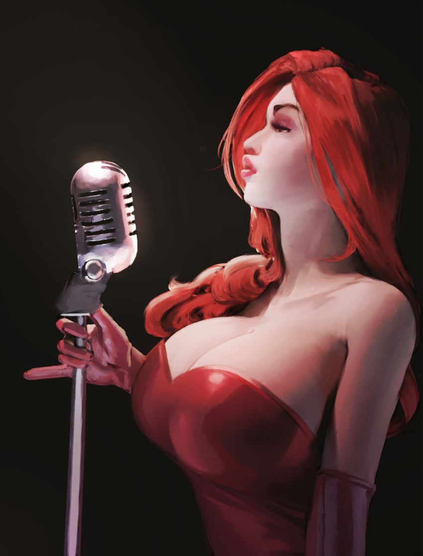 1girl 1girls bare_shoulders boobs breasts cleavage clothed clothed_female clothing diathorn dress female female_focus female_human gloves jessica_rabbit large_breasts light-skinned light-skinned_female light_skin lips lipstick long_hair makeup massive_breasts microphone microphone_stand red_dress red_gloves red_hair singing skin skin_tight skinny skinny_girl strapless strapless_dress tits who_framed_roger_rabbit woman