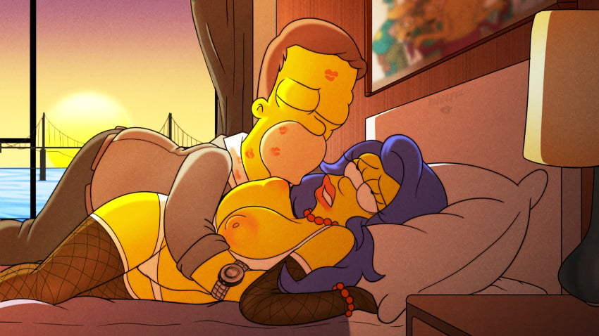 1boy 1girls 20th_century_studios accurate_art_style aged_down alternate_breast_size alternate_hairstyle bed bedroom blue_hair breast_sucking breasts_out bridge canon_couple couple female fishnet_armwear fishnet_gloves fishnet_stockings fishnet_thighhighs fishnets foreplay hair_down homer_simpson husband_and_wife laying_on_back laying_on_bed lingerie lipstick lipstick_mark mahmapuu male marge_simpson married_couple mature_female milf nipple_suck nipples ocean on_bed panties passionate puffy_nipples rolling_eyes romantic sunset the_simpsons unaligned_breasts variant_set white_bra white_panties wholesome yellow_body yellow_skin