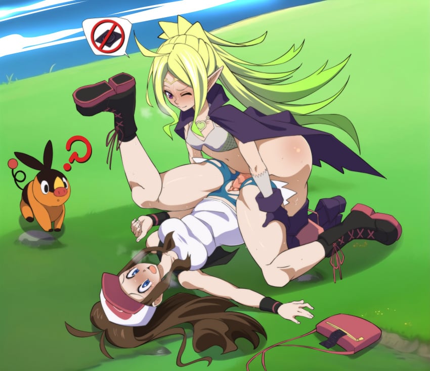 1futa 1girls ? absurdres blonde_hair blush breasts brown_hair clothed clothed_sex clothing condom_packet_strip crossover duo female fire_emblem fire_emblem_awakening futa_on_female futanari hat herchi hilda_(pokemon) human impregnation_risk legs_held_open light-skinned_female light-skinned_futanari light_skin long_hair mating_press mostly_clothed nintendo nowi_(fire_emblem) on_back outdoor_sex penis pokemon pokemon_bw pregnancy_risk ripped_pants sex source_request speech_balloon tepig vaginal_penetration wink