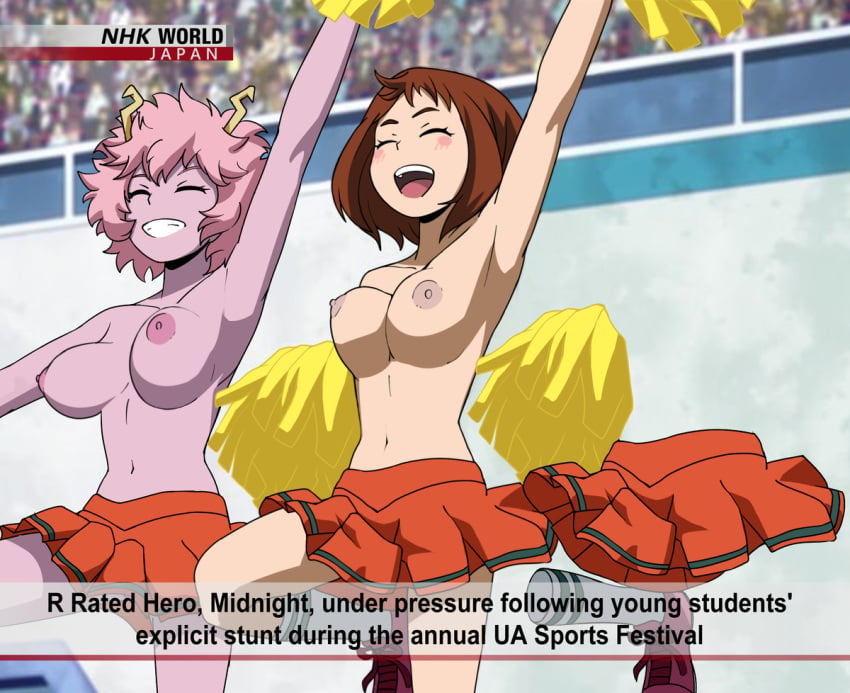 3girls areolae armpits big_breasts bouncing_breasts breasts breasts_out broadcast brown_hair camera camera_view casual casual_nudity cheerleader cheerleader_outfit cheerleader_uniform collarbone dancing female female_focus female_only half-dressed horns looking_happy medium_breasts mina_ashido miniskirt multiple_girls my_hero_academia navel nhk_news nipples ochako_uraraka on_camera pink_hair pink_skin pom_poms public public_nudity recording short_hair showing_breasts showing_off skirt smiling stadium stadium_background tooru_hagakure tooru_hagakure_(invisible) topless tropic_turtle tv