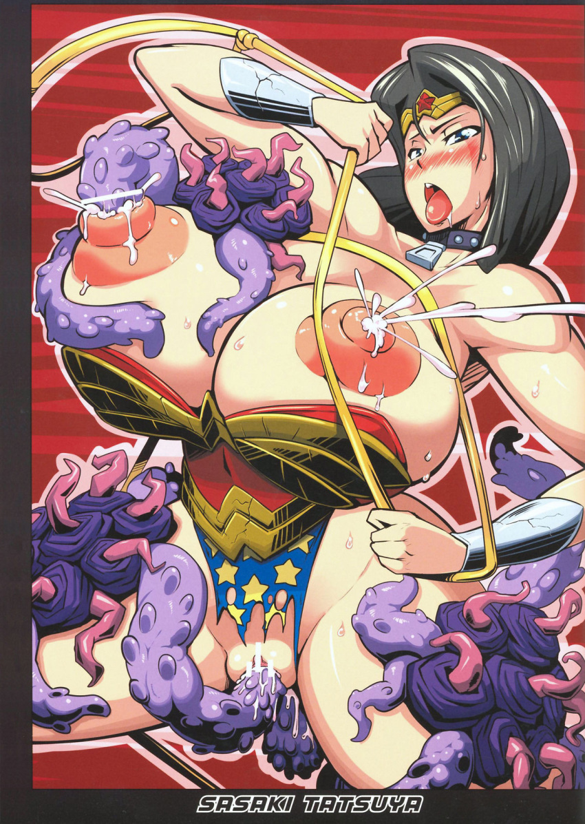 areolae black_hair blush breast_squeeze breasts bursting_breasts collar dc_comics erect_nipples gigantic_breasts huge_breasts lactation large_areolae nipple_penetration nipples sasaki_tatsuya sweat tentacle torn_clothes whip wonder_woman wonder_woman_(series)