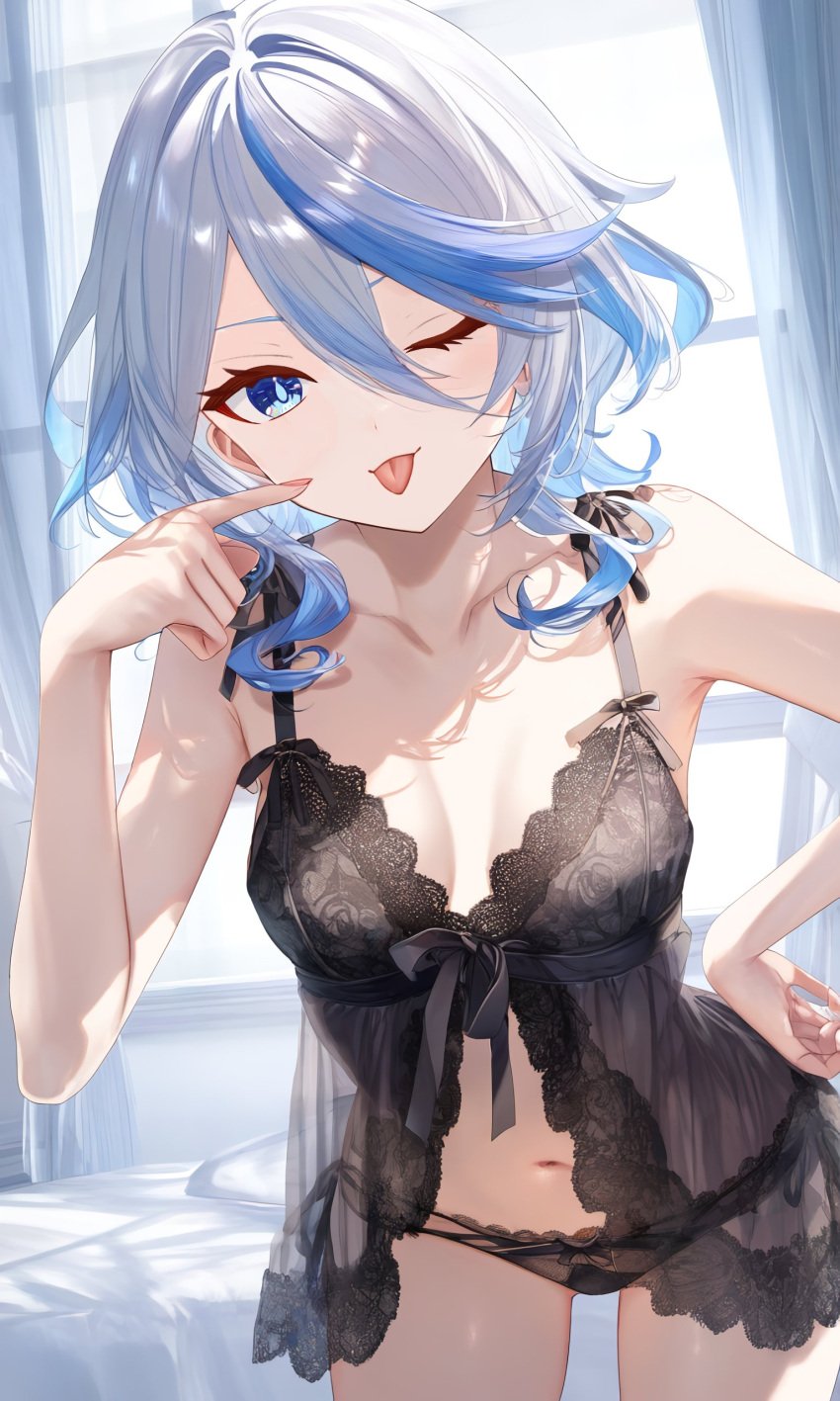 1girls ai ai_generated alternate_costume babydoll bed bedroom black_babydoll black_thong black_underwear blue_eyes blue_hair female female_focus female_only front_view furina_(genshin_impact) genshin_impact high_resolution highres hoyoverse indoors light-skinned_female light_skin lingerie looking_at_viewer mihoyo one_eye_closed petite petite_female poyon_na revealing_clothes short_hair small_breasts solo solo_female solo_focus standing thong tongue tongue_out two_tone_hair underwear white_hair window