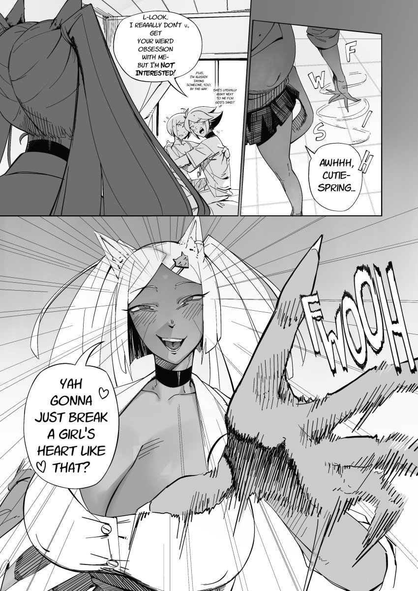 1boy 2girls breasts breasts_bigger_than_head buttoned_shirt cat_ears cat_girl catgirl comic dark-skinned_female dark_skin dialogue english_text female_pred gyaru huge_breasts imminent_vore large_breasts male_prey mean_pred mocco_(rasha) monochrome original original_character original_characters page_4 pre_vore rasha_(artist) school_uniform smile tan_skin text text_bubble voluptuous voluptuous_female vore_comic white_hair yandere