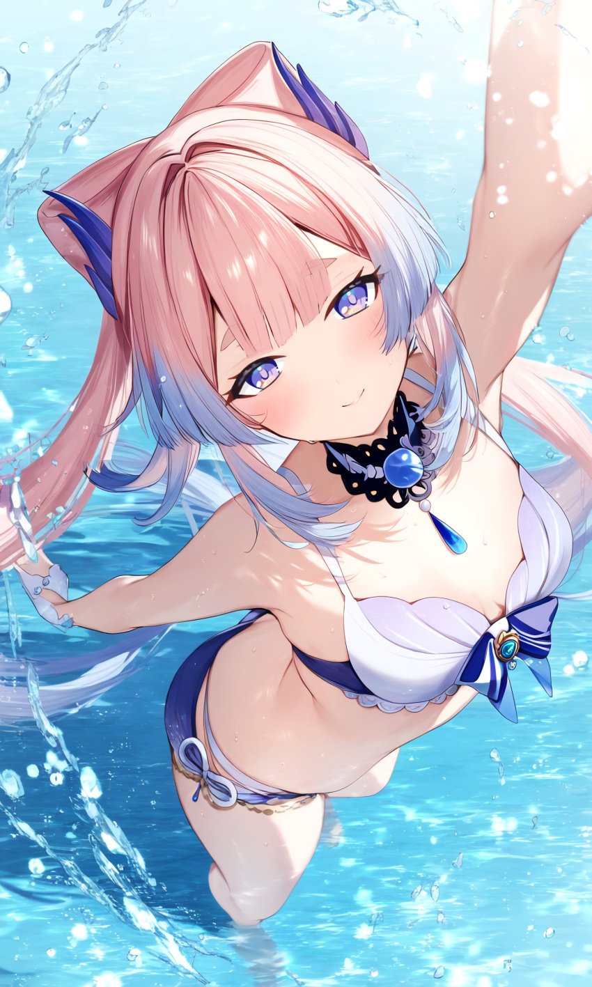 1girls ai ai_generated alternate_costume bikini blue_eyes blue_hair blush day female female_focus female_only genshin_impact high_resolution highres hourglass_figure hoyoverse light-skinned_female light_skin long_hair looking_at_viewer medium_breasts mihoyo outdoors pink_hair poyon_na revealing_clothes ribbons sangonomiya_kokomi smiling smiling_at_viewer solo solo_female solo_focus standing standing_in_water summer swimsuit two_piece_swimsuit two_tone_hair water