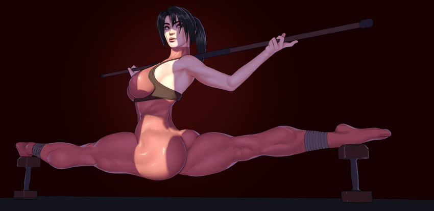 1girls 2023 black_hair bodysuit female female_only galaad1800 large_ass large_breasts legs light-skinned_female looking_back nipple_bulge ponytail skin_tight solo solo_female soul_calibur splits taki toned_female