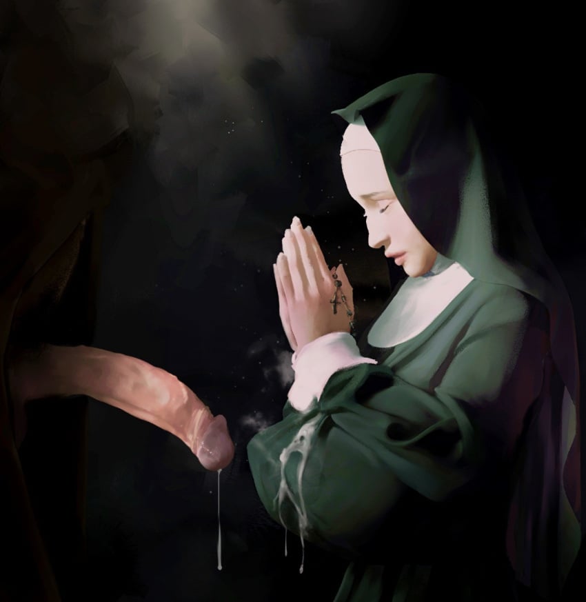 breasts cleavage cum cum_on_chest cum_on_clothes diathorn female female_focus female_human nun nun's_habit nun_outfit partial_male penis prayer prayer_beads prayer_hands praying praying_hands sperm