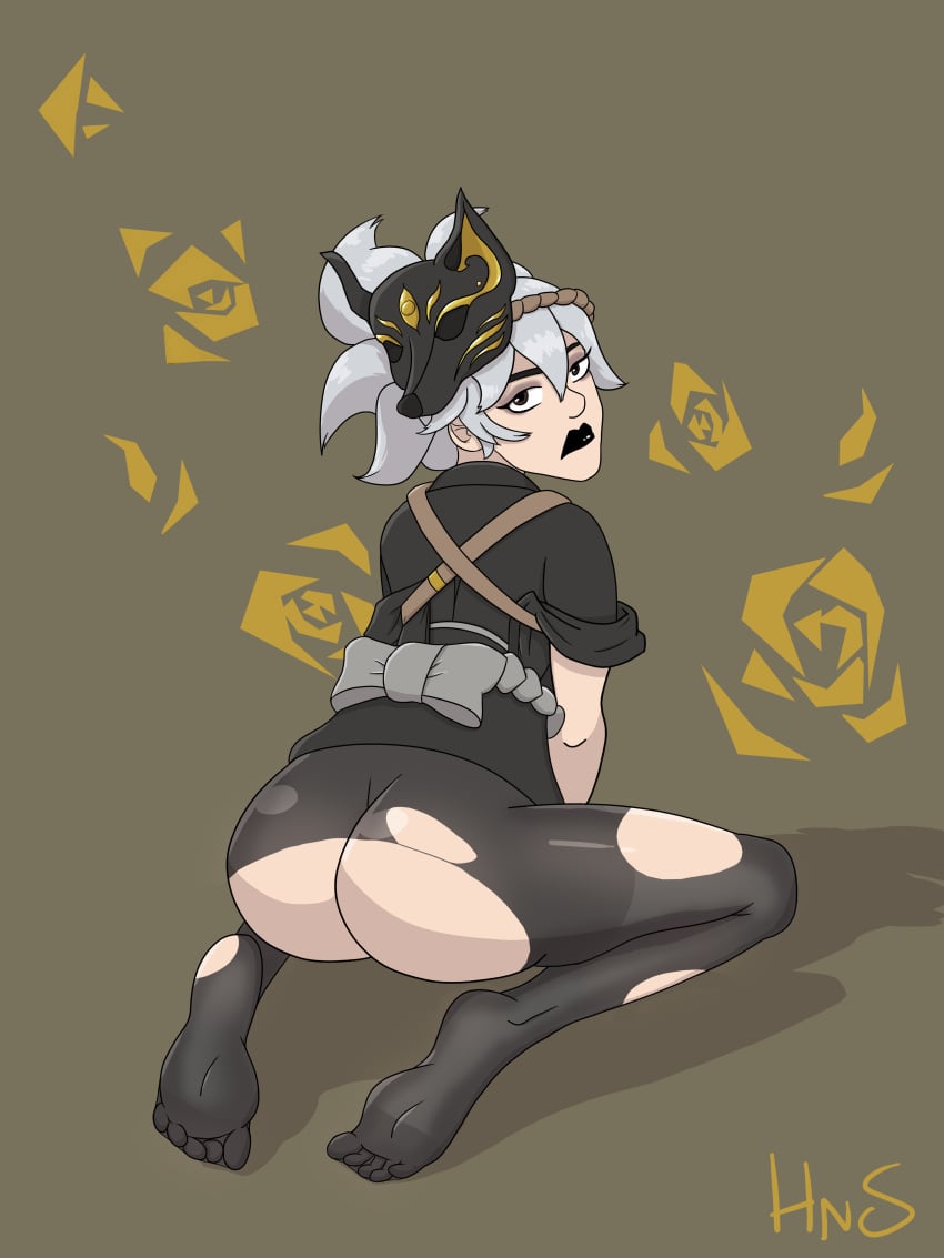 big_ass black_clothing black_legwear black_lipstick flowers grey_hair hashimoto_kiriko hatnshades kiriko_(overwatch) kneeling looking_at_viewer looking_back mask mirrorwatch overwatch overwatch_2 torn_pantyhose