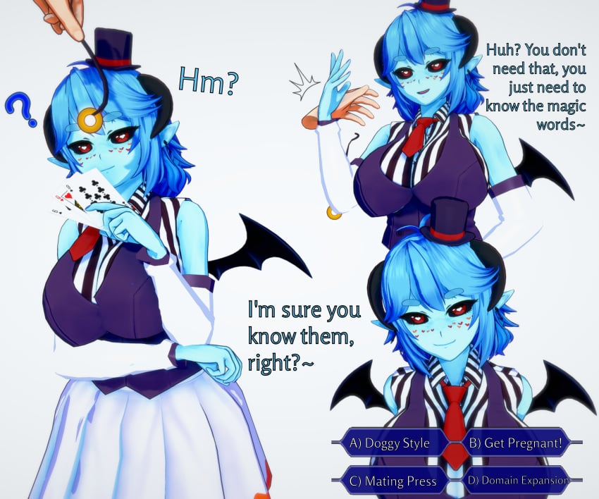 1girls blue_hair blue_skin demon_girl demon_wings opaluva_(character) red_eyes simple_background succubus succubus_horns succubus_tail tail text thehguy