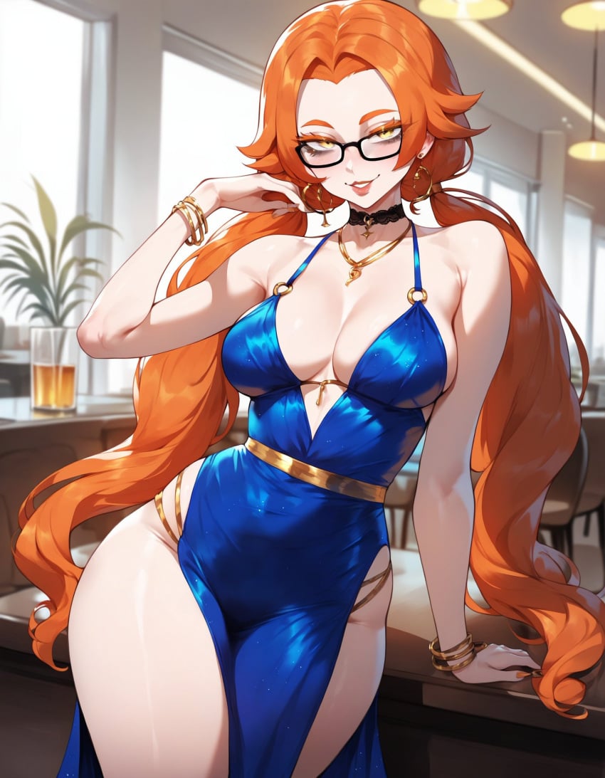 1girls ai_generated artstyle_imitation asian_female ass bangs_over_eyes bedroom big_breasts blue_dress breasts choker evening_dress eyelashes eyeshadow glasses goddess gold_eyes gold_jewelry hakaishinkalasharts hourglass_figure jewelry kalash light-skinned_female long_hair low_twintails messy naughty naughty_face naughty_smile night orange_hair pale-skinned_female red_hair seductive seductive_look straight_hair thiccwithaq_(ai_style) thick_ass thick_legs thick_lips thick_thighs thighs thong twintails xandr yellow_eyes