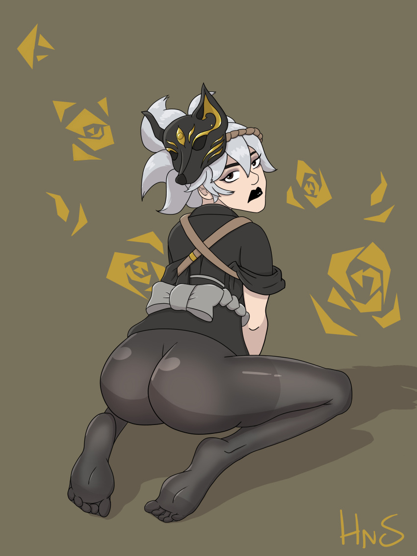 big_ass black_clothing black_legwear black_lipstick flowers grey_hair hashimoto_kiriko hatnshades kiriko_(overwatch) kneeling looking_at_viewer looking_back mask mirrorwatch overwatch overwatch_2