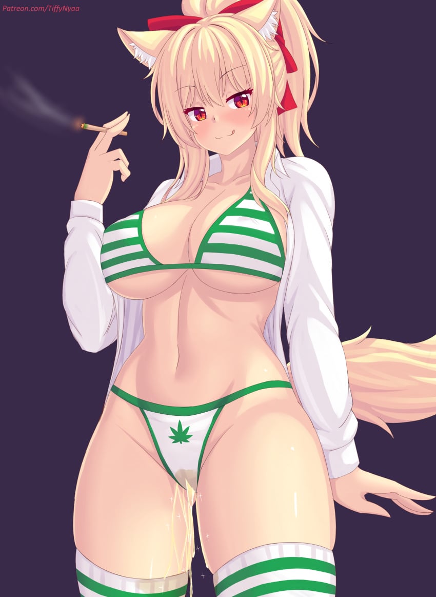 bikini female female_only fox_ears fox_girl fox_tail holding_object joint kemonomimi omorashi pee_stain peeing peeing_self revealing_clothes stained_clothes stained_panties stockings tiffy tiffynyaa urinating urinating_female urination urine urine_stream weed weed_bikini wet_spot wetting wetting_self