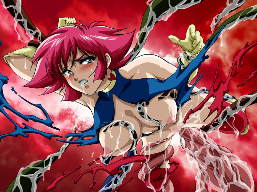 1girls 2006 android blue_eyes blush breasts censored choker cutie_honey cutie_honey_(character) female hair heart honey_kisaragi large_breasts light-skinned_female light_skin mikazuki_shikou nipples pink_hair red_hair shin_cutie_honey short_hair tentacle