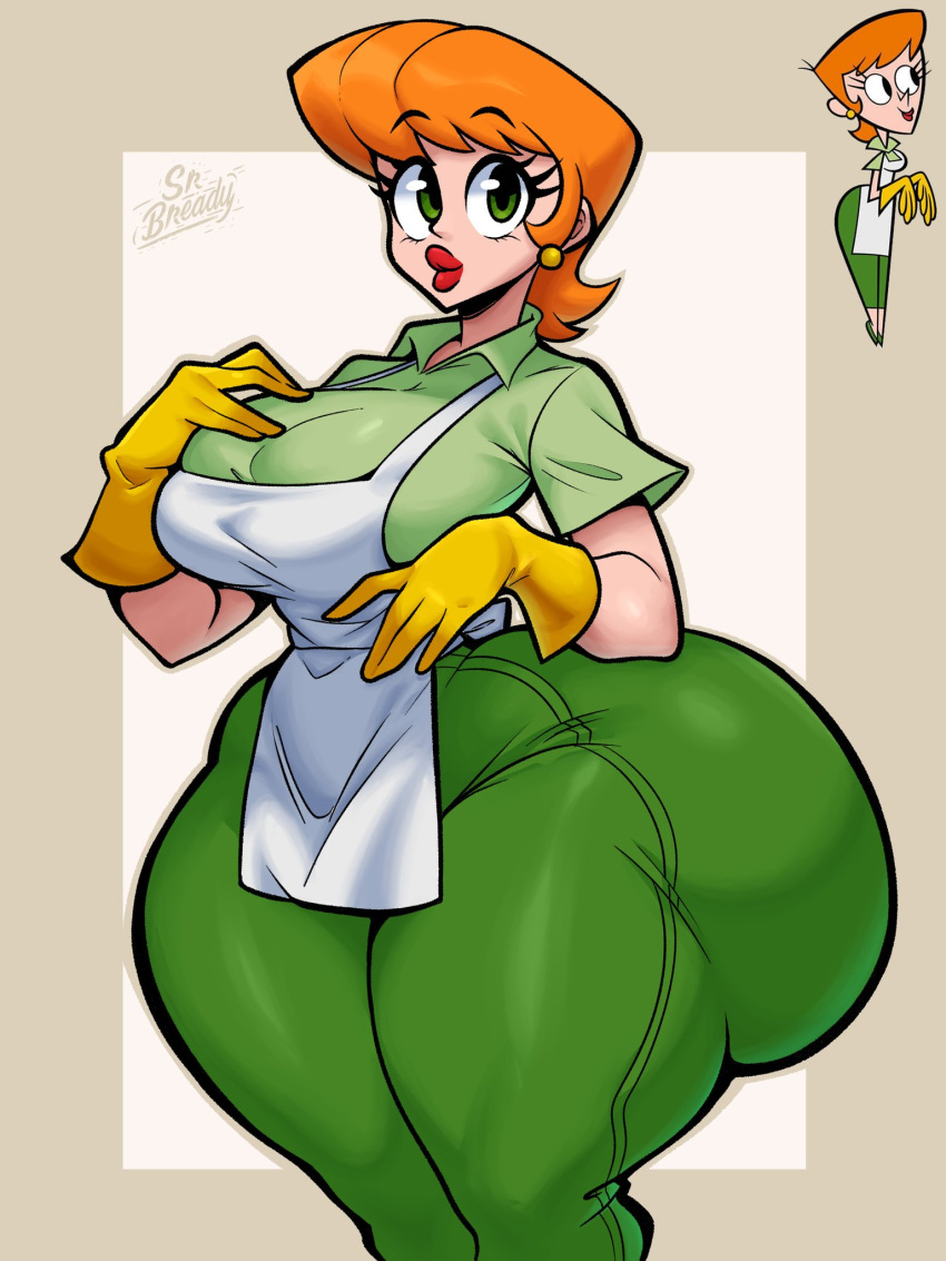 1girls apron ass ass_visible_through_thighs big_ass big_breasts big_butt dexter's_laboratory dexter's_mom earrings fat_ass female female_only green_eyes large_ass large_breasts lipstick looking_at_viewer milf orange_hair red_head reference_image solo solo_female solo_focus srbready thick_thighs thighs wide_hips