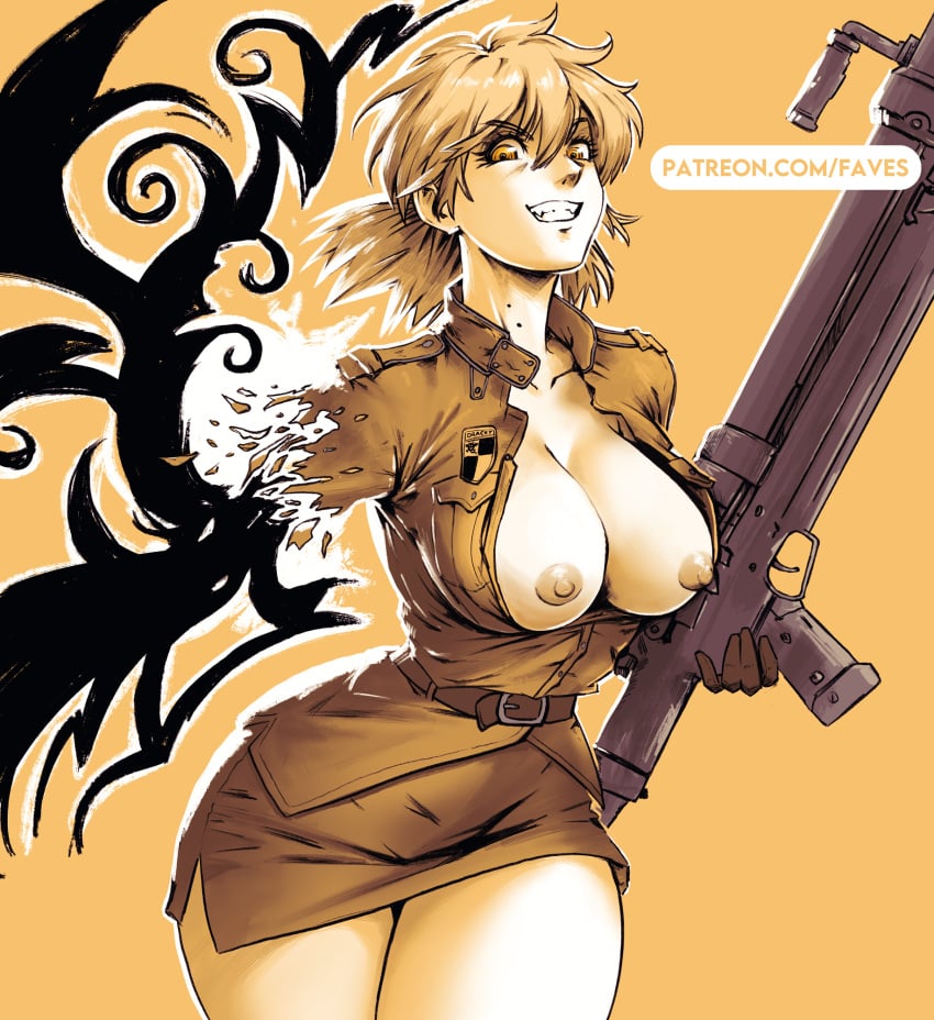 1girls alternate_version_available amputated_arm amputee belt blonde_hair breasts evil_smile fangs feet_out_of_frame female female_only gun hellsing hellsing_ultimate holding holding_weapon large_breasts looking_at_viewer missfaves patreon_username seras_victoria skirt smile solo solo_female spiked_hair teeth transformation weapon yellow_background yellow_eyes yellow_theme