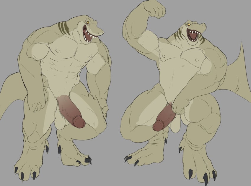 abs anthro anthro_only anthro_shark anthrofied balls bara big_arms big_penis biscaybreeze broad_shoulders claws first_porn_of_character flexing flexing_bicep gills help!_im_a_fish huge_legs humanoid_genitalia humanoid_penis lamnid lamniform male_only muscles muscular_anthro muscular_male penis shark shark_(help!_im_a_fish) shark_tail sharp_teeth solo solo_male testicles yellow_sclera