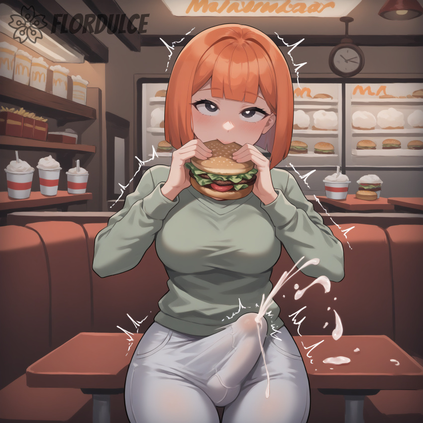 1futa ai_generated balls black_eyes blunt_bangs breasts burger covered_penis cum cumming cumshot eating ejaculating_cum ejaculation ejaculation_under_clothes erect_penis erection erection_under_clothes erection_under_clothing flordulce food food_in_mouth futa_only futanari green_shirt grey_pants hamburger hands-free handsfree_ejaculation indoors large_breasts long_sleeves mcdonald's milf mom_(japanese_mcdonald's_commercial) orange_hair orgasm orgasm_without_stimulation penis restaurant rolling_eyes short_hair sitting solo_futa trembling yoru_mac