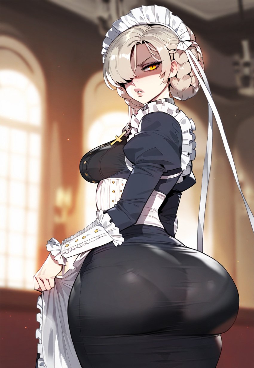 1girls ai_generated artstyle_imitation ass azur_lane blonde_hair breasts dat_ass female floox hi_res high_resolution huge_ass large_breasts light-skinned_female light_skin maid maid_headdress maid_outfit sheffield_(azur_lane) stable_diffusion thiccwithaq_(ai_style) yellow_eyes