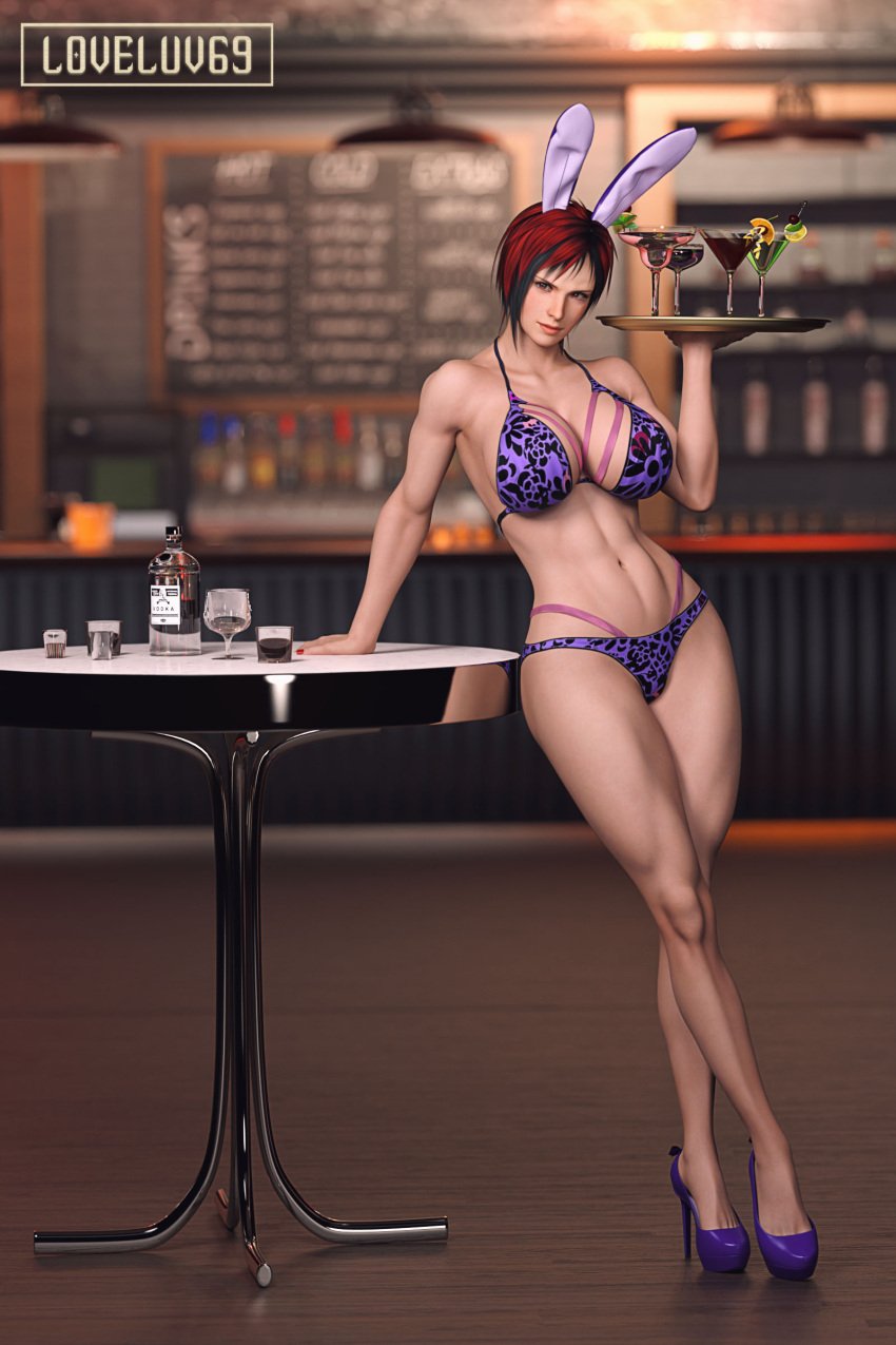 3d abs big_breasts black_hair breasts brown_eyes bunny_ears bunny_girl busty dead_or_alive female female_focus female_only high_heels hourglass_figure large_breasts loveluv69 mila_(dead_or_alive) mila_(doa) muscular_female pinup pinup_pose red_hair short_hair tagme tomboy two_tone_hair waitress wide_hips